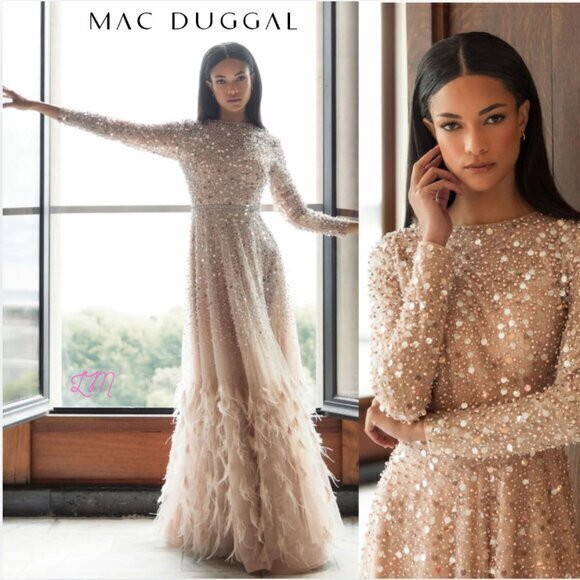 Mac Duggal Dresses & Skirts - Mac Duggal 11782 Disc Embellished Sequin Gown Feathers Size 10 Dusty Rose